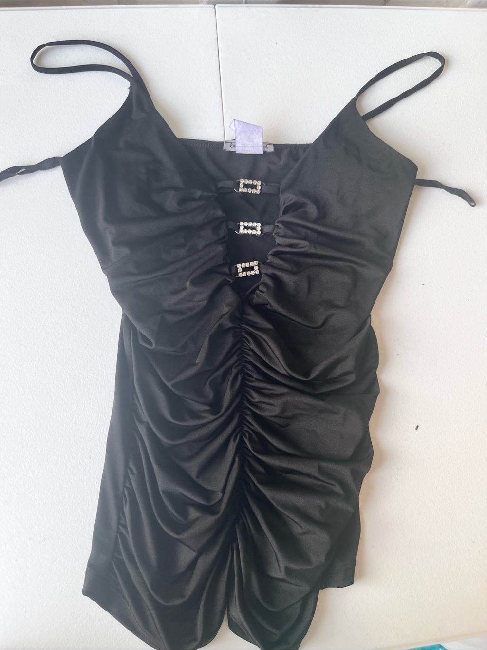 Y2K Black Ruched Satin tight shirt with Rhinestone Accents